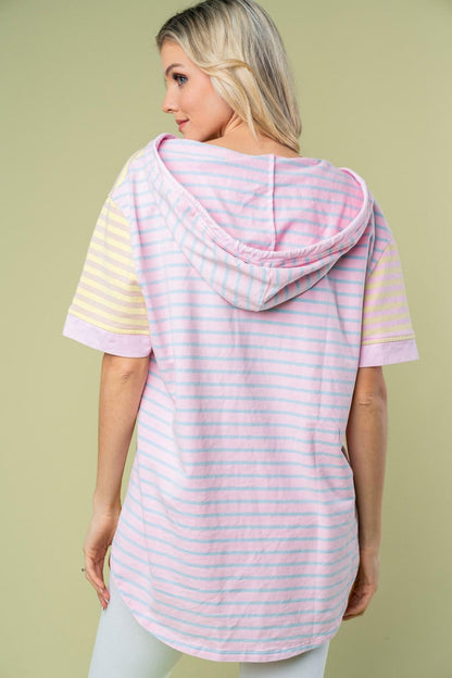 White Birch Full Size Striped Short Sleeve Drawstring Hooded Top Carauana Store