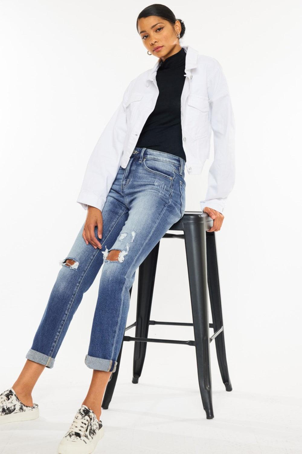 Kancan High Waist Distressed Hem Detail Cropped Straight Jeans Carauana Store