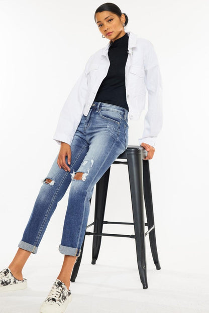 Kancan High Waist Distressed Hem Detail Cropped Straight Jeans Carauana Store