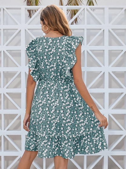 Ruffled Ditsy Floral Surplice Mini Dress Carauana Store
