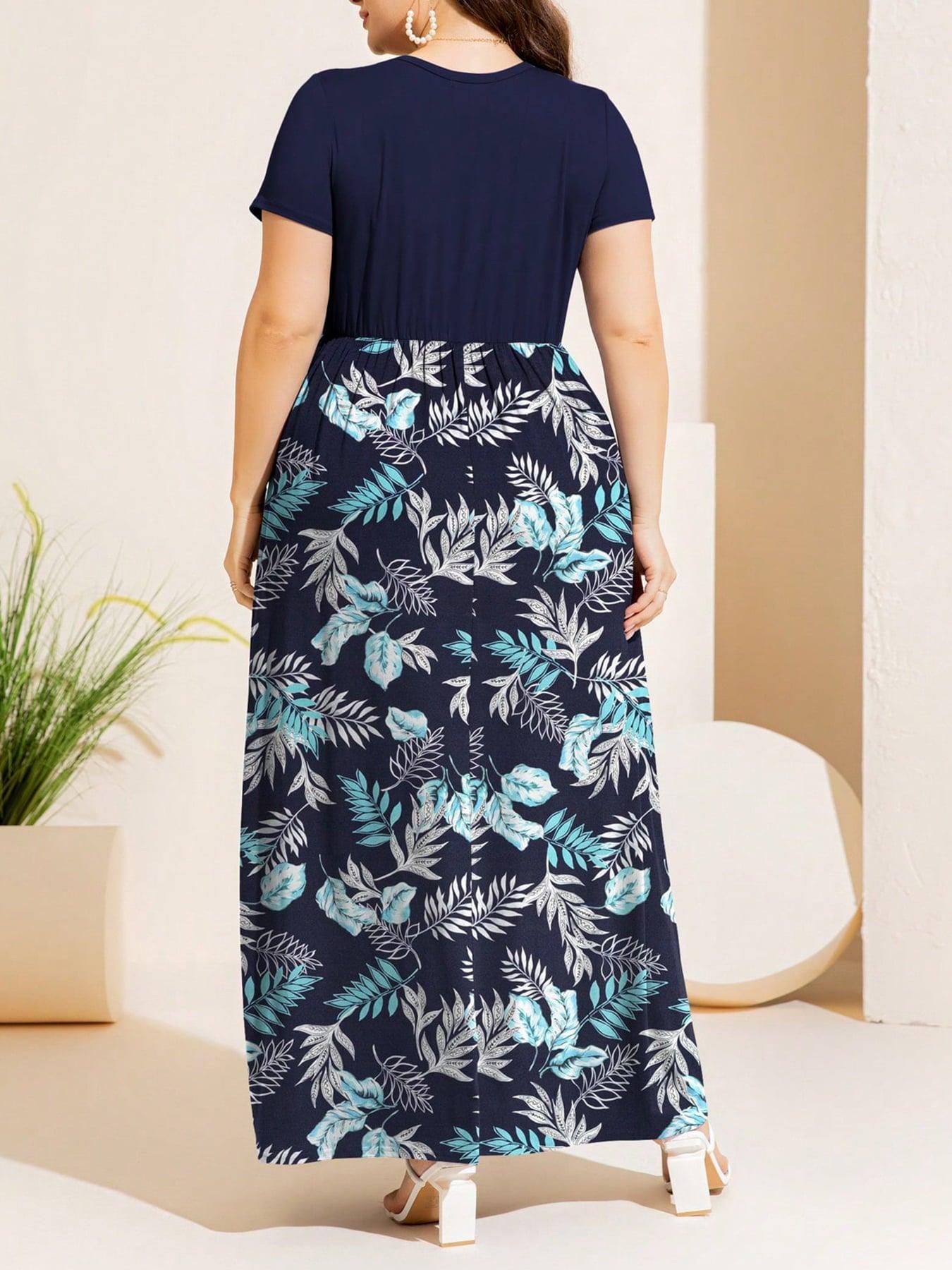 Plus Size Printed Round Neck Short Sleeve Maxi Dress Carauana Store