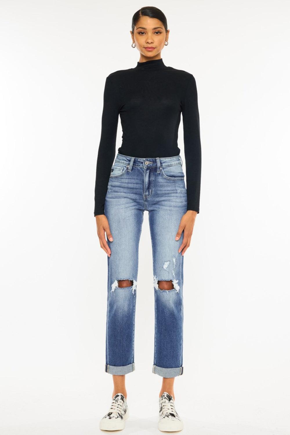 Kancan High Waist Distressed Hem Detail Cropped Straight Jeans Carauana Store