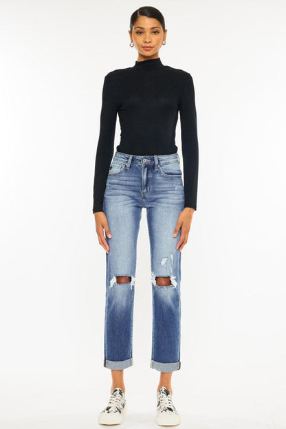 Kancan High Waist Distressed Hem Detail Cropped Straight Jeans Carauana Store