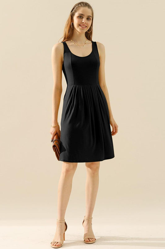 Doublju Full Size Round Neck Ruched Sleeveless Dress with Pockets Carauana Store