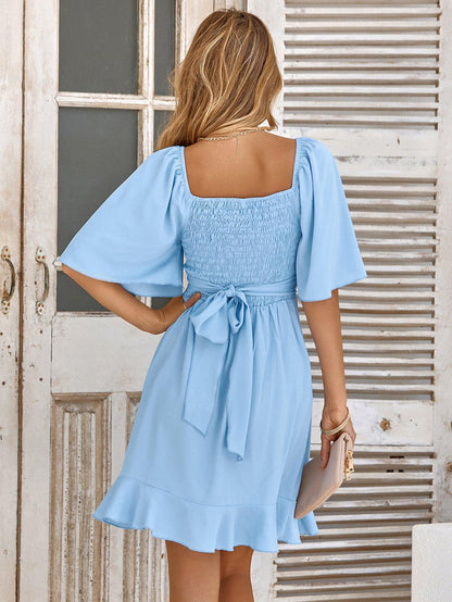 Smocked Tie Back Ruffle Hem Dress Carauana Store