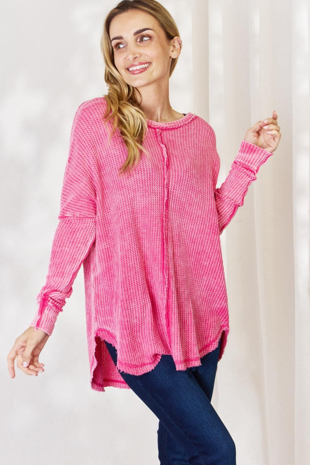 Zenana Oversized Washed Waffle Long Sleeve Top Carauana Store