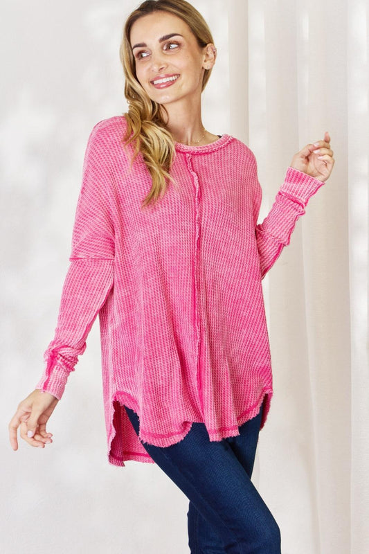 Zenana Oversized Washed Waffle Long Sleeve Top Carauana Store