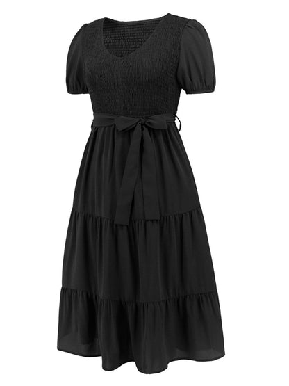 Smocked Tie Front Short Sleeve Tiered Dress Carauana Store
