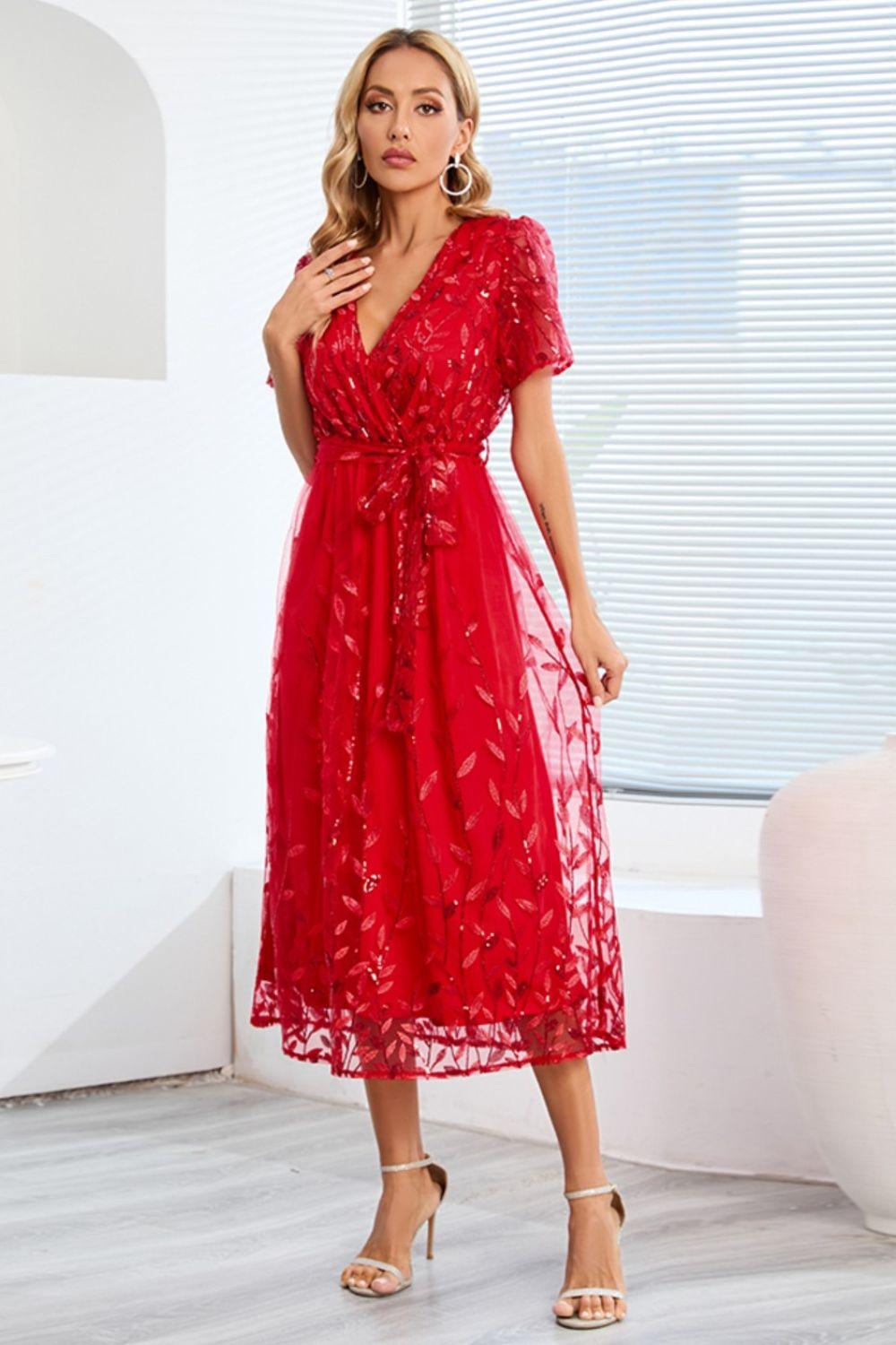 Sequin Leaf Embroidery Tie Front Short Sleeve Dress Carauana Store