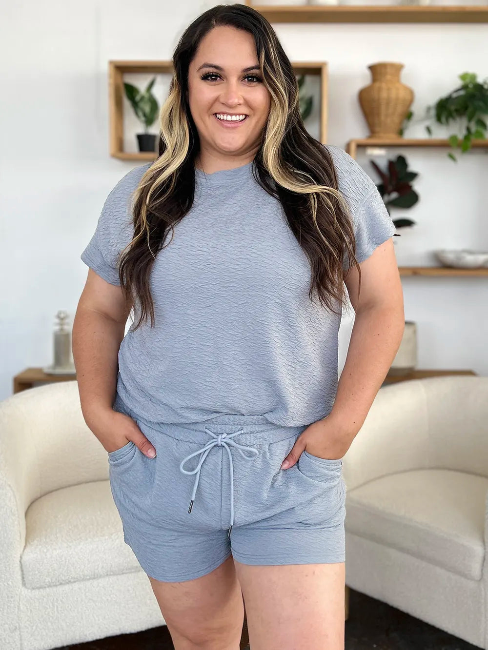 Double Take Full Size Texture Short Sleeve T-Shirt and Drawstring Shorts Set Carauana Store