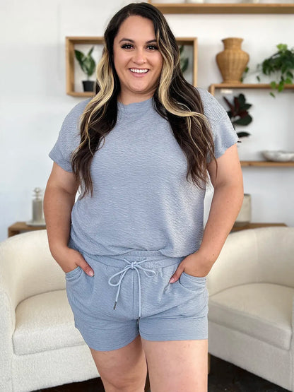 Double Take Full Size Texture Short Sleeve T-Shirt and Drawstring Shorts Set Carauana Store
