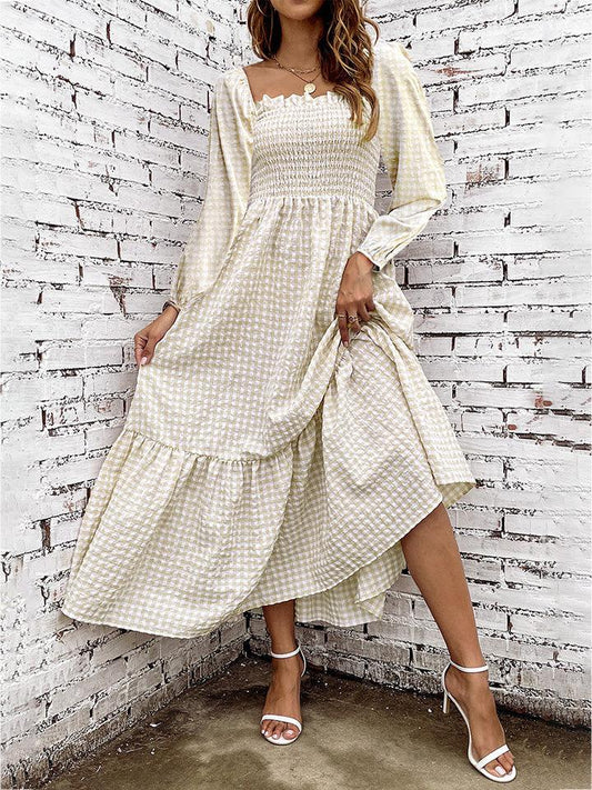 Smocked Square Neck Long Sleeve Dress Carauana Store