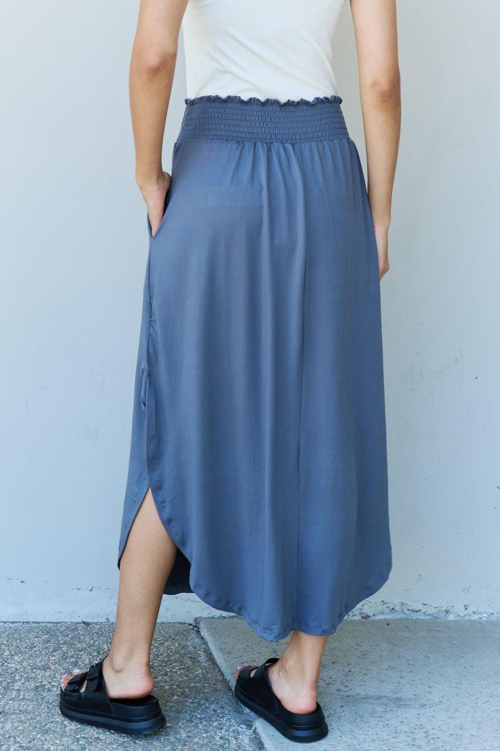 Doublju Comfort Princess Full Size High Waist Scoop Hem Maxi Skirt in Dusty Blue Carauana Store