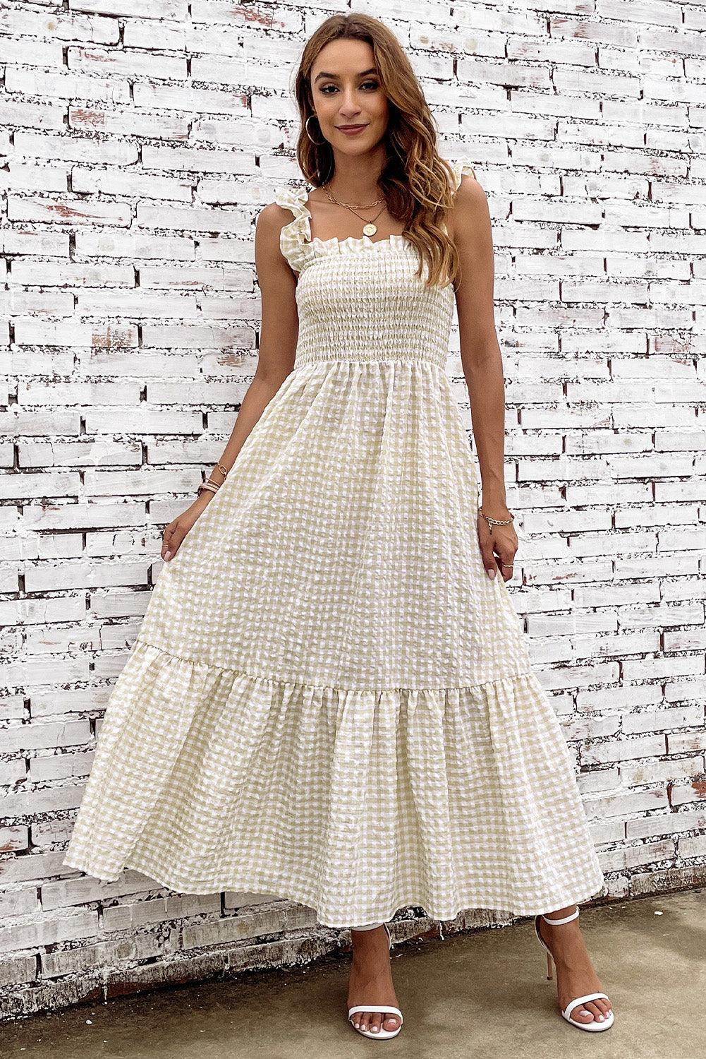 Plaid Ruffle Strap Square Neck Dress Carauana Store