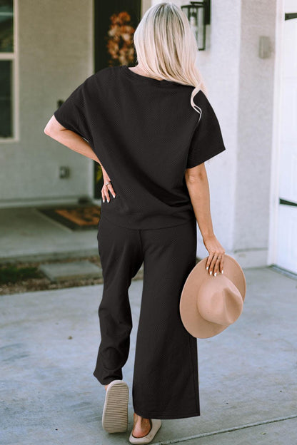 Double Take Full Size Texture Short Sleeve Top and Pants Set Carauana Store