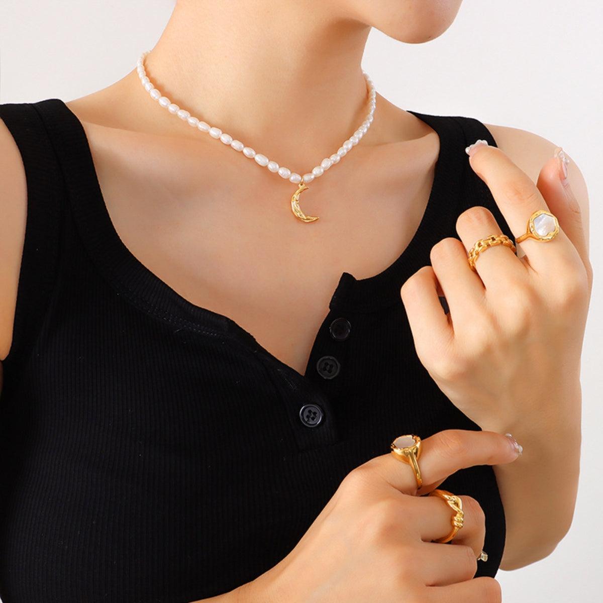 Pearl Titanium Steel Moon Shape Pendant Necklace Carauana Store