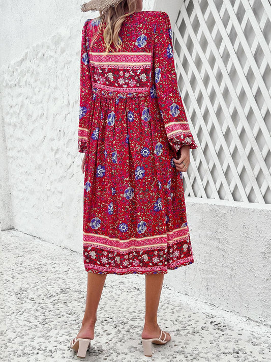 Tassel Tied Printed Long Sleeve Dress Carauana Store