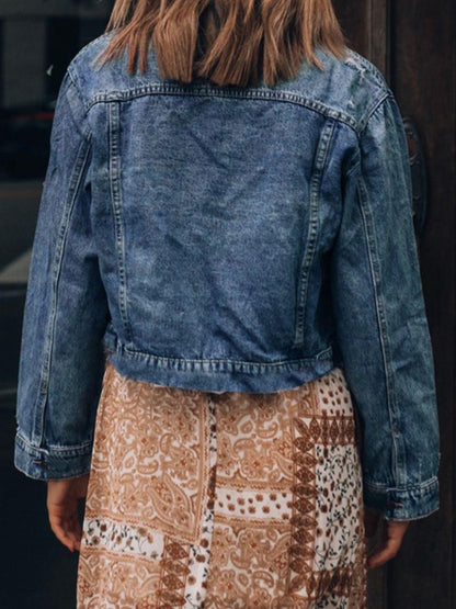 Button Up Collared Neck Distressed Denim Jacket Carauana Store