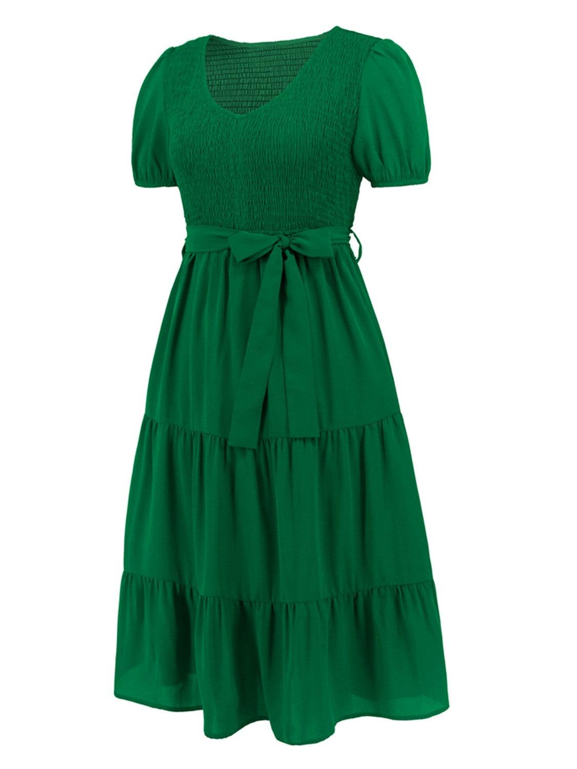 Smocked Tie Front Short Sleeve Tiered Dress Carauana Store