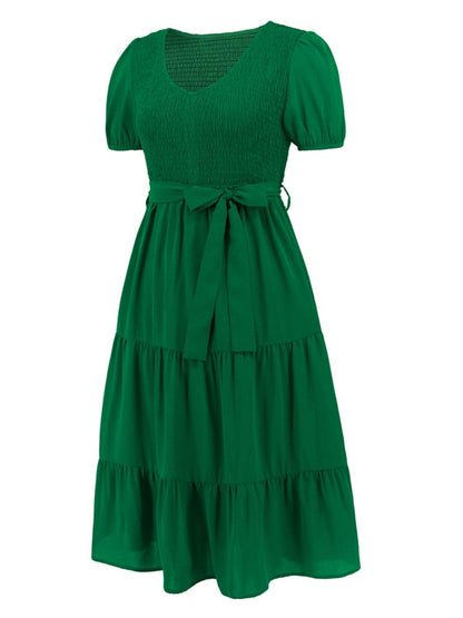Smocked Tie Front Short Sleeve Tiered Dress Carauana Store