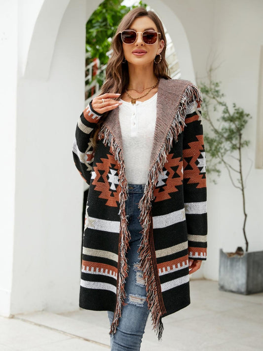 Fringe Geometric Hooded Long Sleeve Cardigan Carauana Store