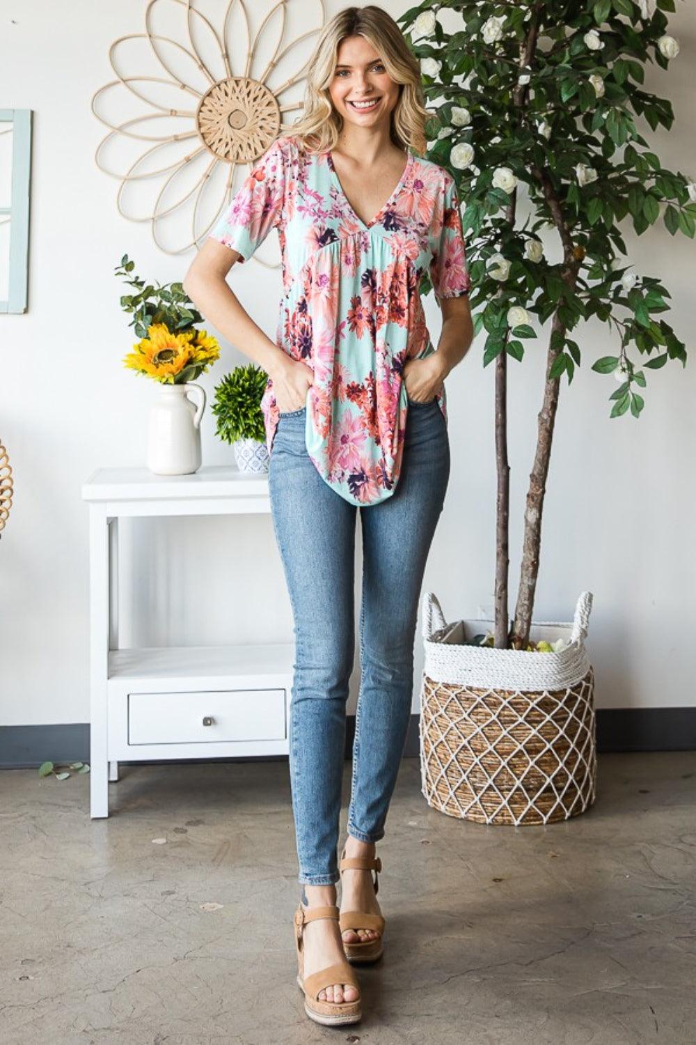 Heimish Full Size Floral V-Neck Short Sleeve Babydoll Blouse Carauana Store