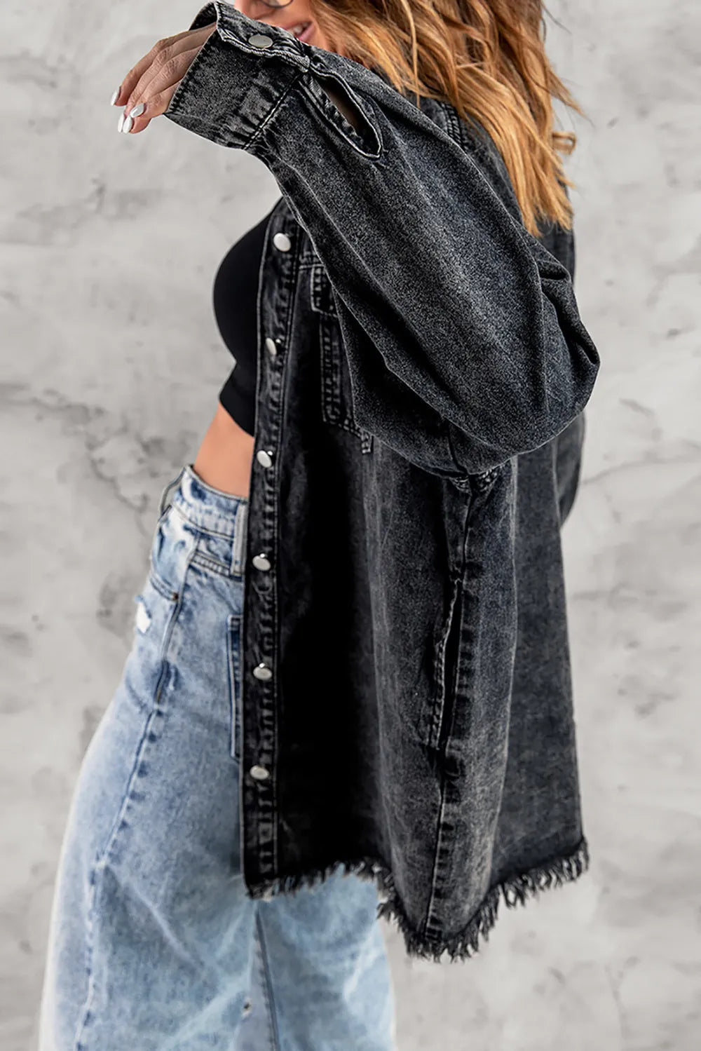 Button Up Pocketed Raw Hem Denim Jacket Carauana Store