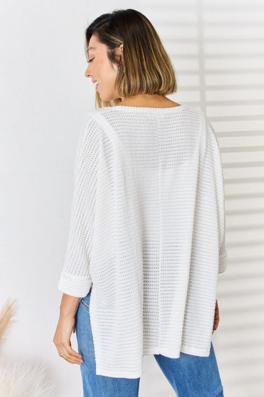 Zenana Full Size Waffle Knit V-Neck Long Sleeve Slit Top Carauana Store