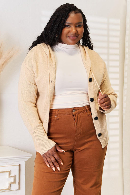 Woven Right Button-Down Long Sleeve Hooded Sweater Carauana Store