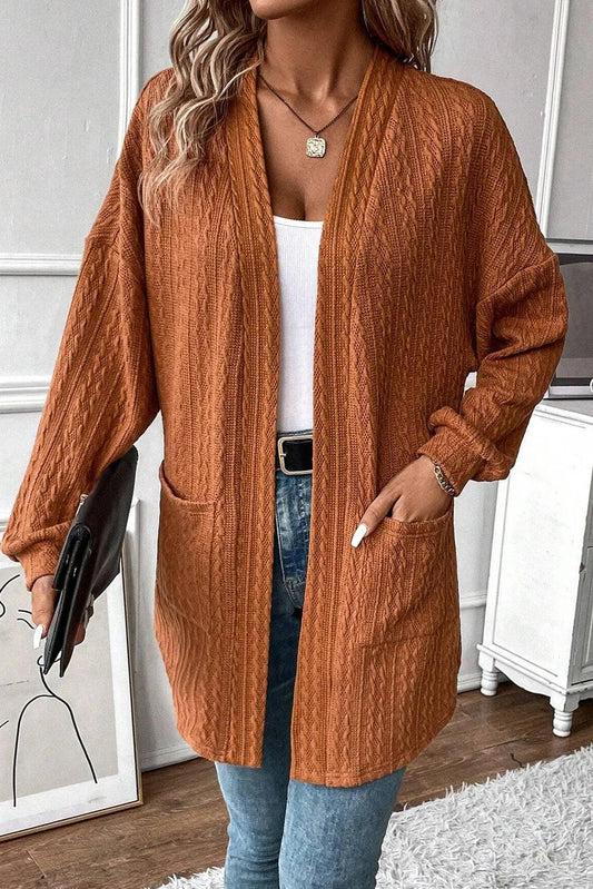 Textured Pocketed Open Front Long Sleeve Cover Up Carauana Store