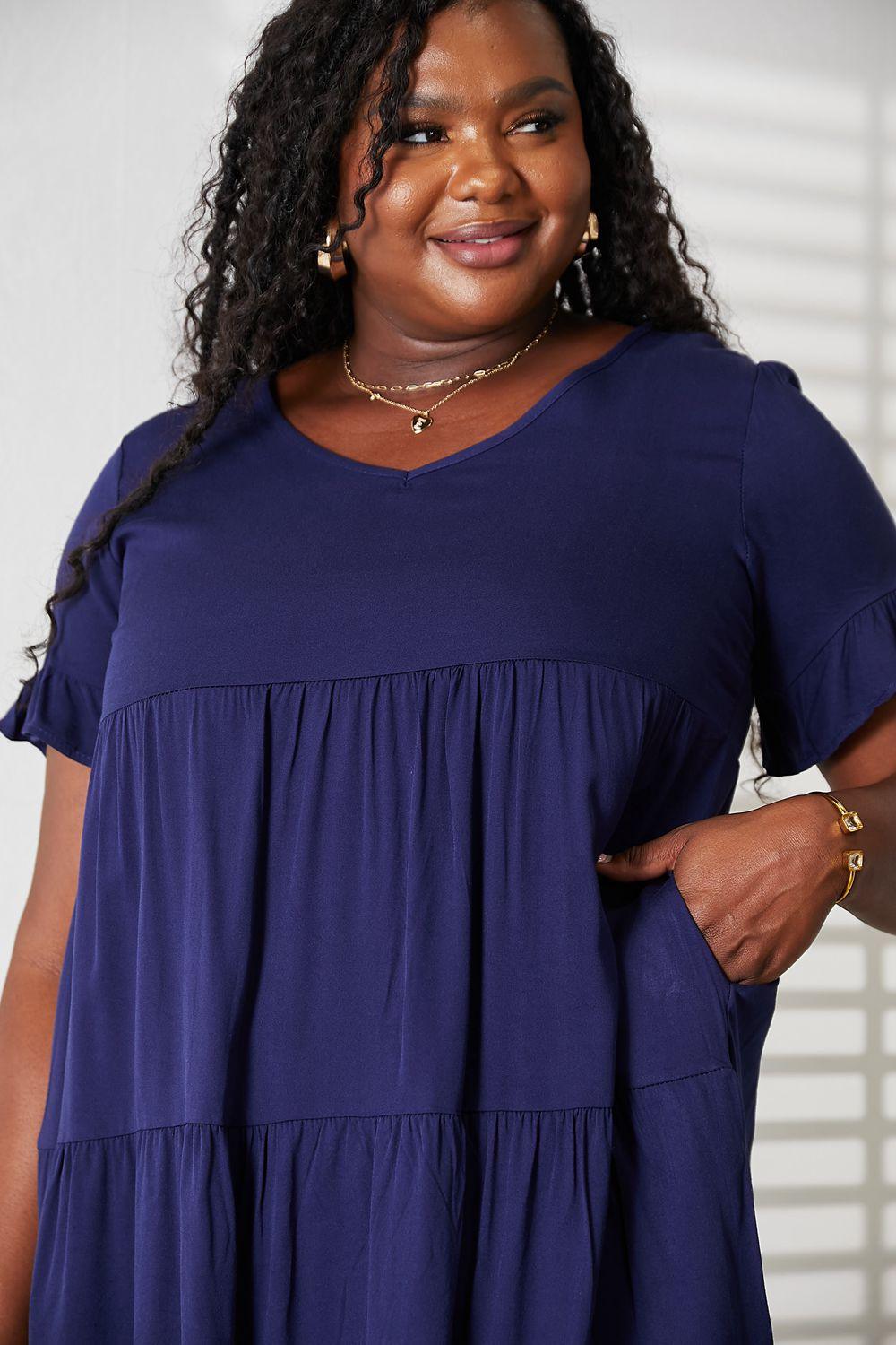 Double Take V-Neck Flounce Sleeve Tiered Dress Carauana Store