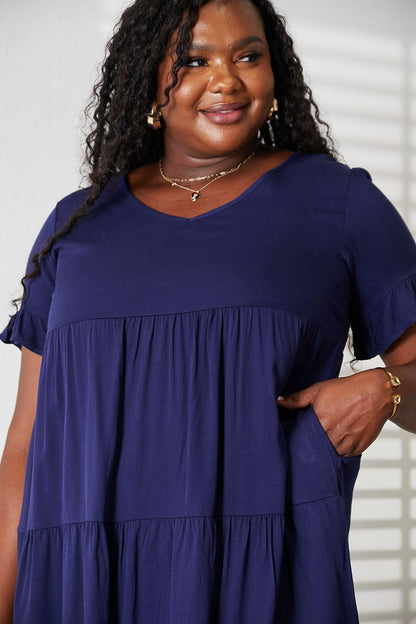 Double Take V-Neck Flounce Sleeve Tiered Dress Carauana Store