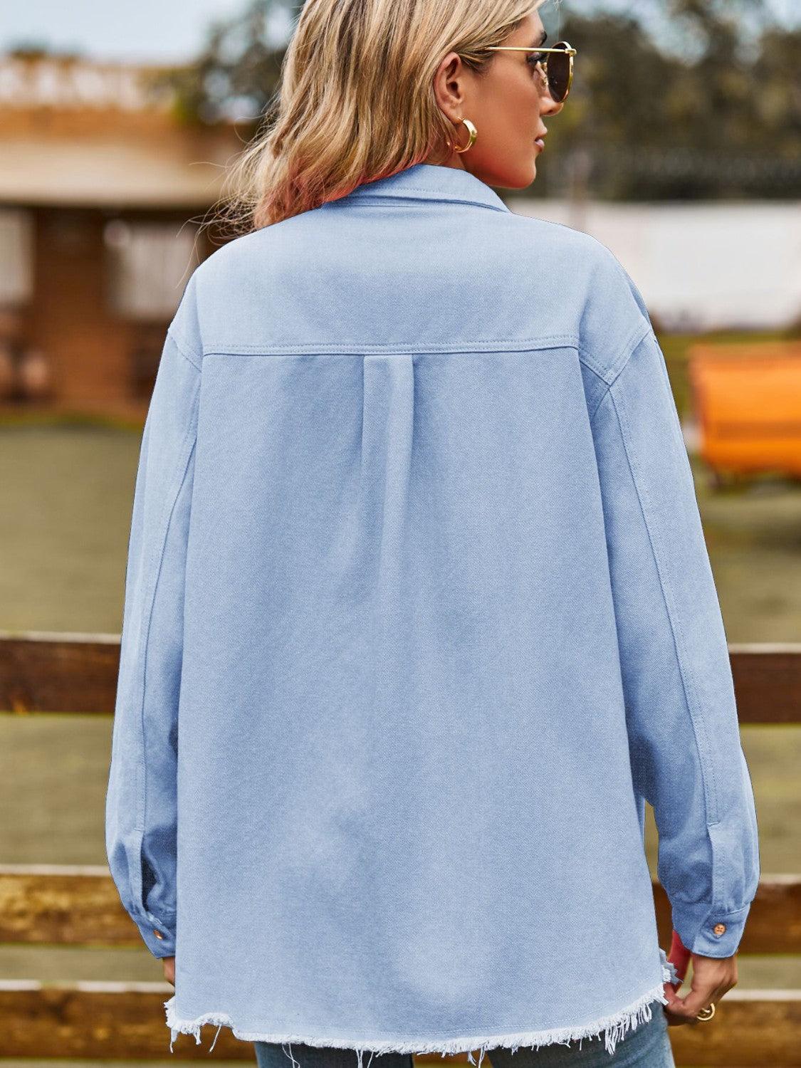 Button Up Collared Neck Raw Hem Denim Top Carauana Store