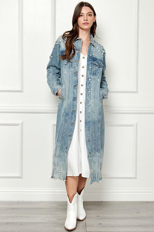 Veveret Full Size Distressed Raw Hem Pearl Detail Button Up Jacket Carauana Store