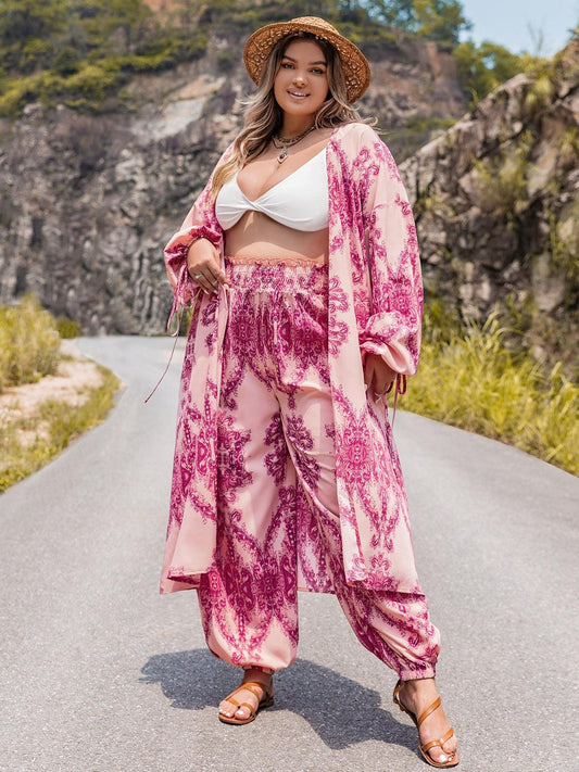 Plus Size Open Front Cardigan and Pants Set Carauana Store
