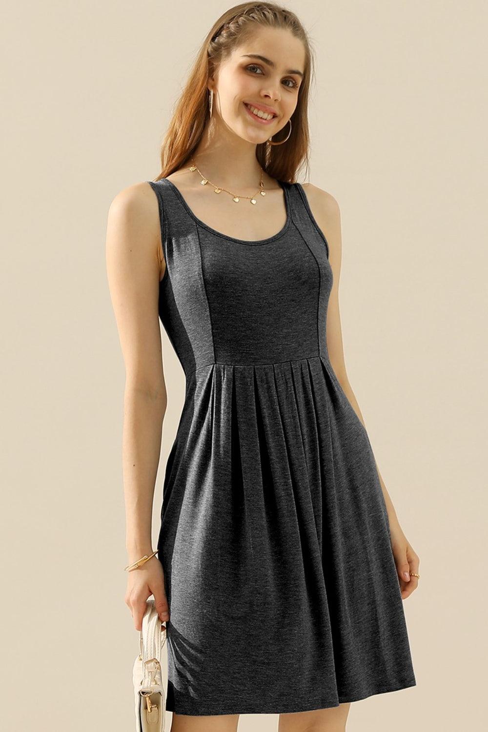 Doublju Full Size Round Neck Ruched Sleeveless Dress with Pockets Carauana Store