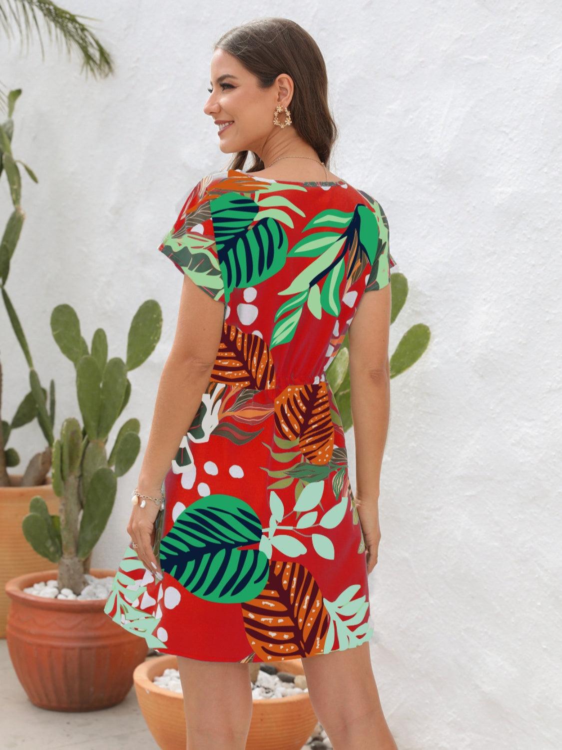 Drawstring Printed V-Neck Mini Dress Carauana Store