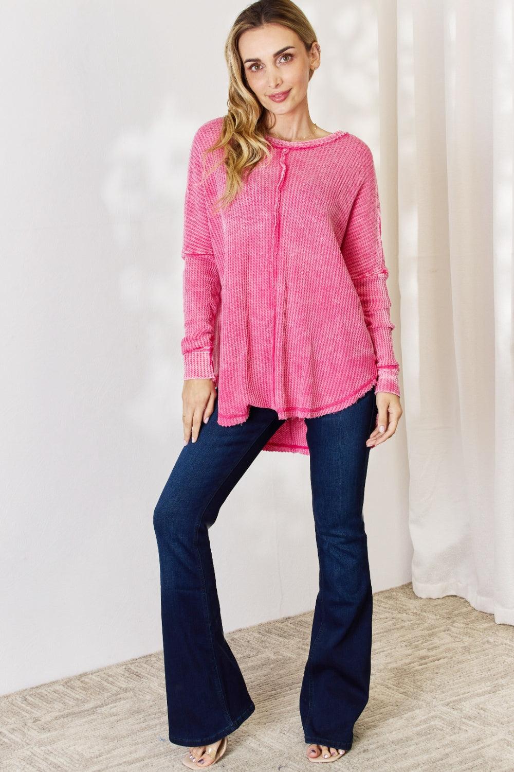 Zenana Oversized Washed Waffle Long Sleeve Top Carauana Store