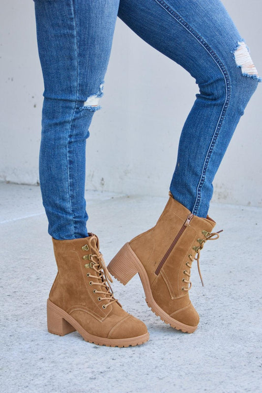 Forever Link Lace-Up Zipper Detail Block Heel Boots Carauana Store