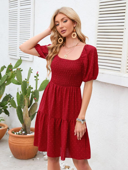 Swiss Dot Smocked Square Neck Dress Carauana Store