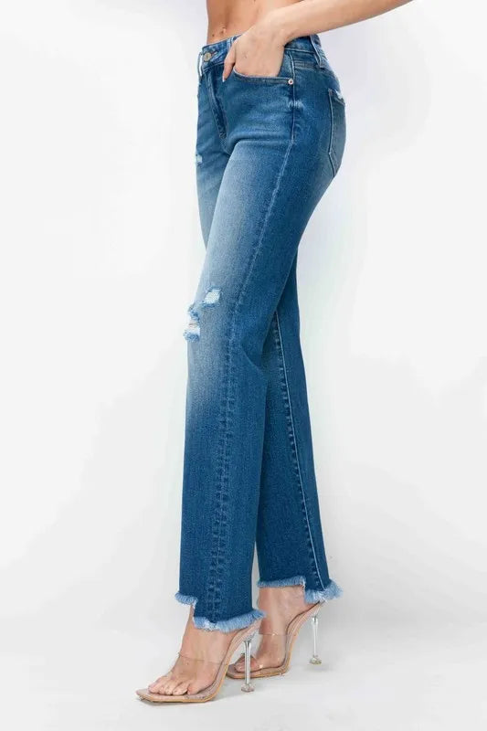 bytos Full Size Raw Hem Distressed Mid Rise Straight Jeans Carauana Store