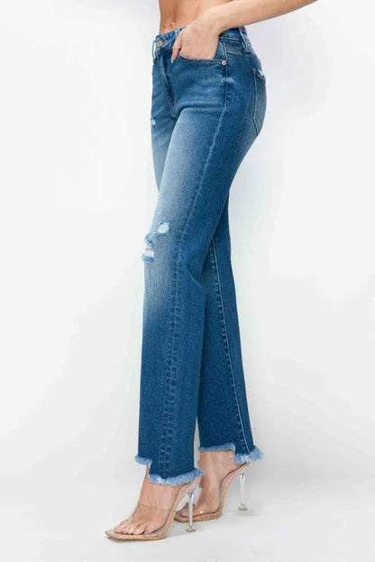 bytos Full Size Raw Hem Distressed Mid Rise Straight Jeans Carauana Store