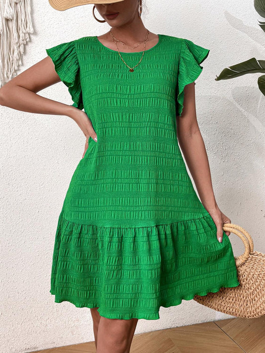 Textured Round Neck Ruffle Hem Dress Carauana Store