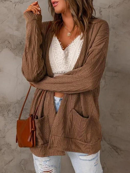 Pocketed Open Front Long Sleeve Cardigan Carauana Store