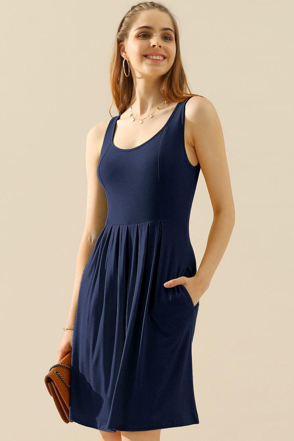 Doublju Full Size Round Neck Ruched Sleeveless Dress with Pockets Carauana Store