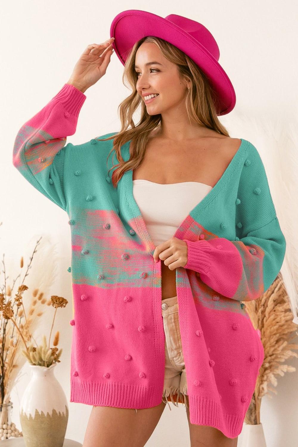 BiBi Color Block Ponpon Sweater Cardigan Carauana Store