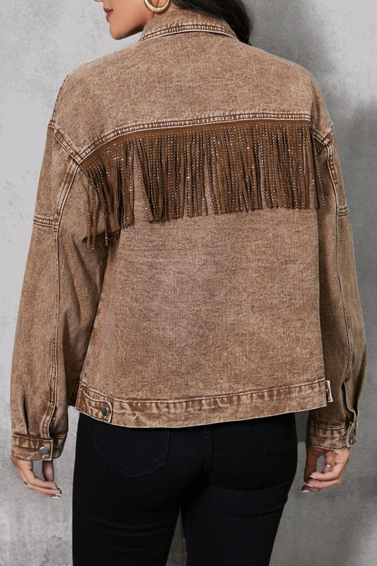 Fringe Trim Snap Down Denim Jacket Carauana Store
