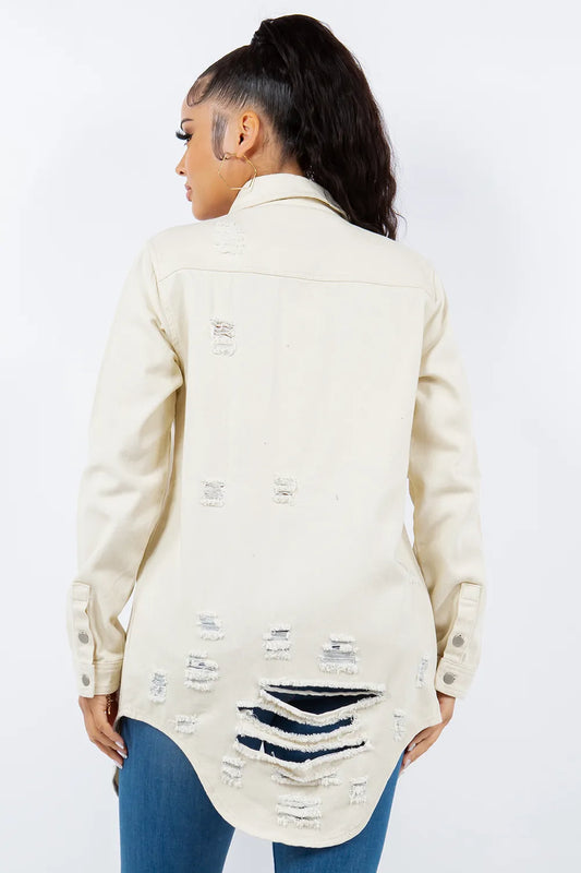 American Bazi Distressed Button Up Long Sleeve Denim Jacket Carauana Store