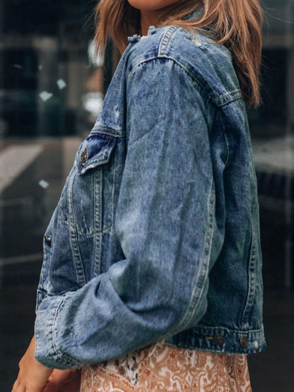 Button Up Collared Neck Distressed Denim Jacket Carauana Store
