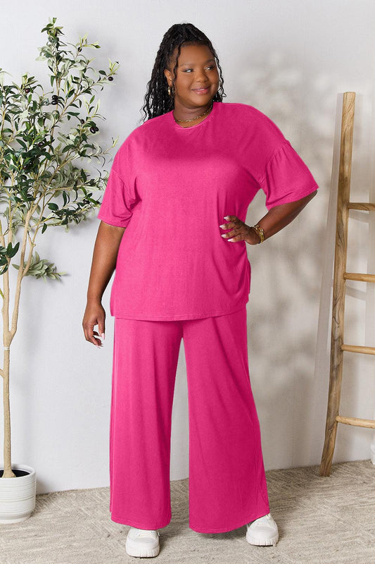 Double Take Full Size Round Neck Slit Top and Pants Set Carauana Store